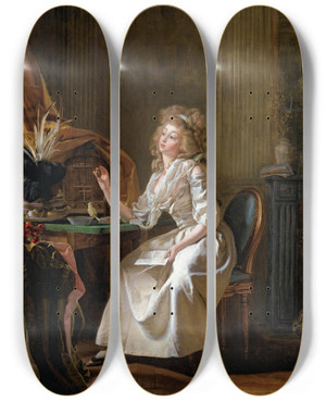 Triptych art skateboard deck of Michel Garnier Elegant Looking At A Miniature Portrait by Michel Garnier (1753-1819)