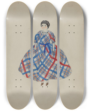 Triptych art skateboard deck of Mary Fitzgerald Shaker Doll by Mary Fitzgerald
