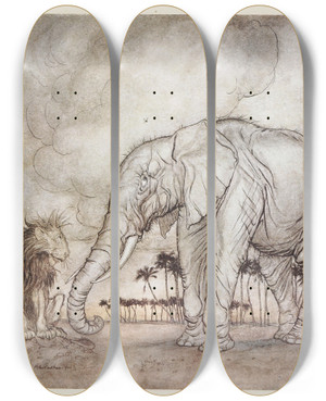 Triptych art skateboard deck of Arthur Rackham The Lion Jupiter And The Elephant by Arthur Rackham (1867-1939)