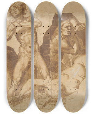 Triptych art skateboard deck of After Federico Zuccaro Sketch For Lastjudgement by After Federico Zuccaro (1541-1609)