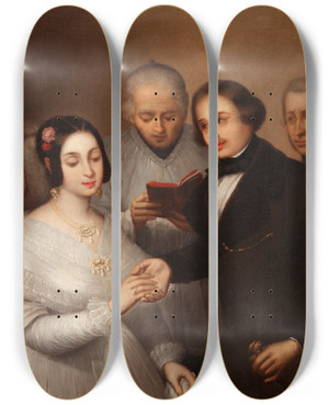 Triptych art skateboard deck of Jos Gutirrez De La Vega  A Wedding In 1830 by Jos Gutirrez de la Vega (1791-1865)
