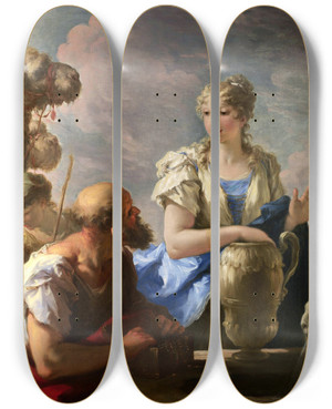 Triptych art skateboard deck of Giovanni Antonio Pellegrini Rebecca At The Well by Giovanni Antonio Pellegrini (1675-1741)