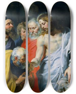 Triptych art skateboard deck of Peter Paul Rubens Christs Charge To Peter by Peter Paul Rubens (1577-1640)