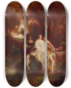 Triptych art skateboard deck of Adolphe Monticelli Figures In The Woods by Adolphe Monticelli (1824-1886)