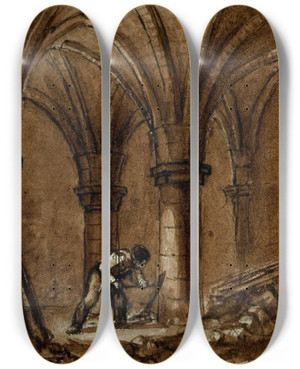 Triptych art skateboard deck of Augustesbastien Bnard Crypte De La Chapelle De Lhpital Sainte Catherine Rue Saintdenis Langle De La Rue Des Lombards by Auguste-Sbastien Bnard (1810-1873)