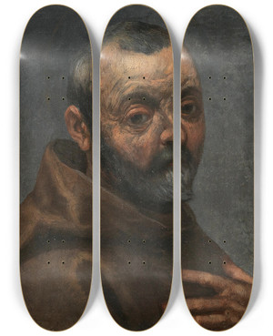 Triptych art skateboard deck of Jacopo Palma Il Vecchio Selfportrait As A Monk by Jacopo Palma Il Vecchio (1480-1528)