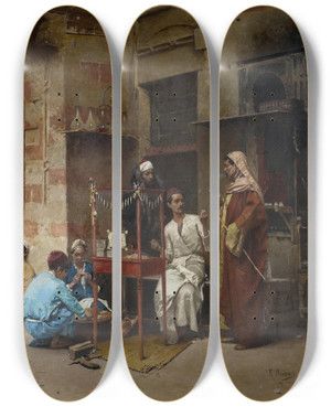 Triptych art skateboard deck of Raphael Von Ambros The Tobacco Seller Cairo by Raphael Von Ambros (1855-1895)