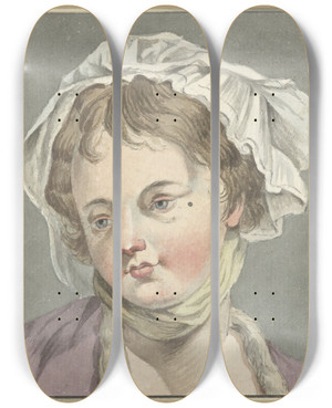 Triptych art skateboard deck of Jeanbaptiste Greuze Head Of A Girl_1 by Jean-Baptiste Greuze (1725-1805)