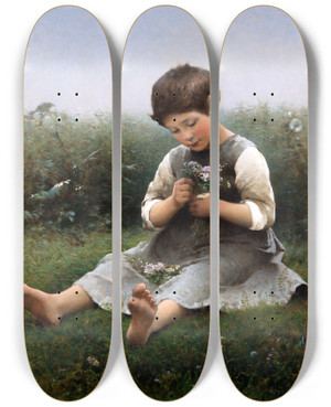 Triptych art skateboard deck of Hugo Salmson Girl Picking Flowers by Hugo Salmson (1843-1894)