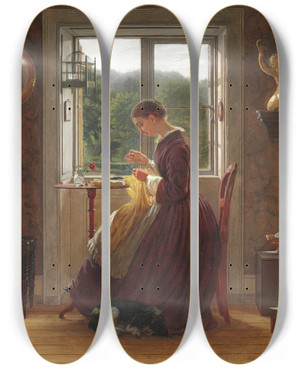 Triptych art skateboard deck of Ludvig August Smith Interir Med En Kvinde Der Sidder Og Syr Foran Vinduet Samtidig Med At Hun Lser Et Brev by Ludvig August Smith (1820-1906)