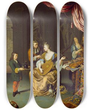 Triptych art skateboard deck of Willem Van Mieris The Lute Player by Willem Van Mieris (1662-1747)