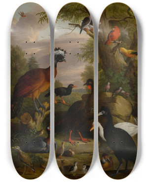 Triptych art skateboard deck of Jakob Bogdny An Assembly Of Birds In A Parkland Landscape_1 by Jakob Bogdany (1660-1724)