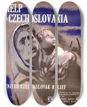 Triptych art skateboard deck of Antonin Pelc Help Czechoslovakia by Antonin Pelc (1895-1967)