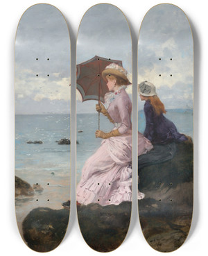 Triptych art skateboard deck of Ernestange Duez Sur La Falaise by Ernest-Ange Duez (1843-1896)