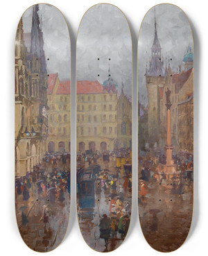 Triptych art skateboard deck of Charles Vetter Mnchen Marienplatz Und Altes Rathaus by Charles Vetter (1858-1936)