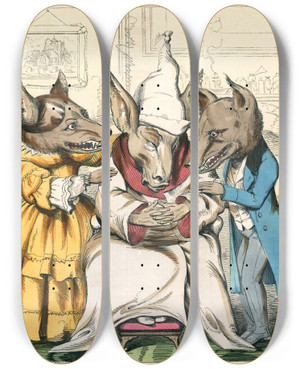 Triptych art skateboard deck of Charles Henry Bennett The Wolves And The Sick Ass by Charles H Bennett (1828-1867)