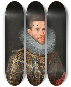 Triptych art skateboard deck of Circle Of Frans Pourbus Ii Portrait Of Archduke Albert Of Austria 15591621 In Armour by Circle of Frans Pourbus II (1569-1622)