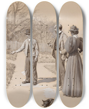 Triptych art skateboard deck of Arthur Burdett Frost Soliciting For Work by Arthur Burdett Frost (1851-1928)