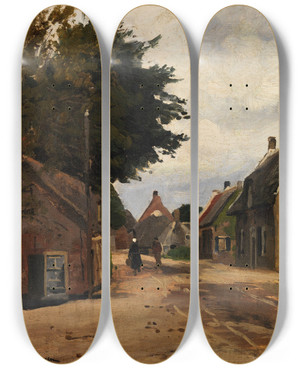 Triptych art skateboard deck of Friedrich Kallmorgen Sommerliche Dorfstrae by Friedrich Kallmorgen (1856-1924)