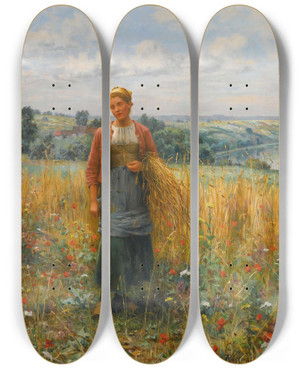Triptych art skateboard deck of Daniel Ridgway Knight Jeannine Gleaning by Daniel Ridgway Knight (1839-1924)