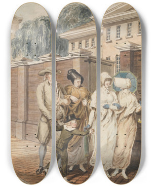 Triptych art skateboard deck of John Lewis Krimmel Sunday Morning In Front Of The Arch Street Meeting House Philadelphia by John Lewis Krimmel (1786-1821)