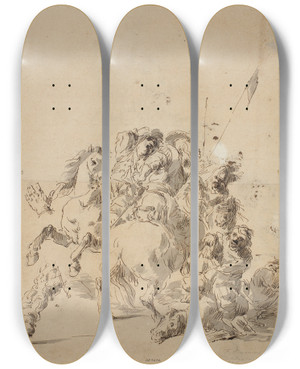 Triptych art skateboard deck of Gaspare Diziani Tre Ryttere I Kamp Et Studie Af En Venstre Hnd Og Et Andet Af Et Venstre Ben Set Bagfra by Gaspare Diziani (1689-1767)
