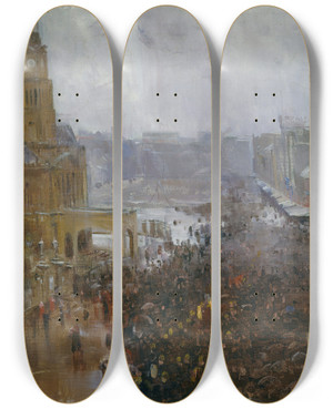 Triptych art skateboard deck of Arthur Streeton Firemans Funeral George Street by Arthur Streeton (1867-1943)