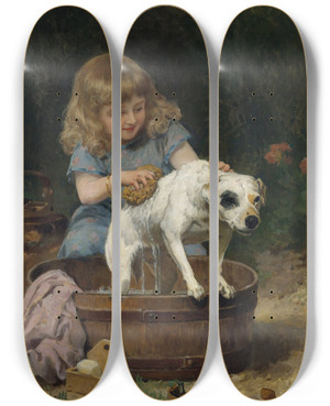 Triptych art skateboard deck of Louis Marie De Schryver Bath Day by Louis Marie De Schryver (1862-1942)