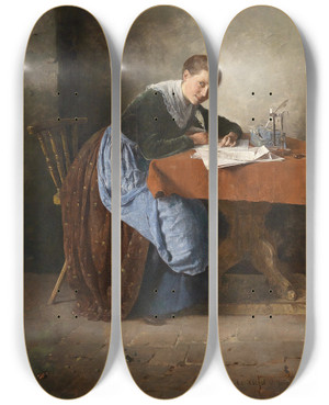Triptych art skateboard deck of Adolf Hlzel Der Liebesbrief by Adolf Holzel (1853-1934)