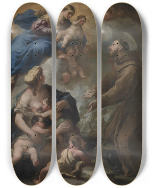Triptych art skateboard deck of Luca Giordano The Virgin And Child Appearing To Saint Francis Of Assisi by Luca Giordano (1634-1705)