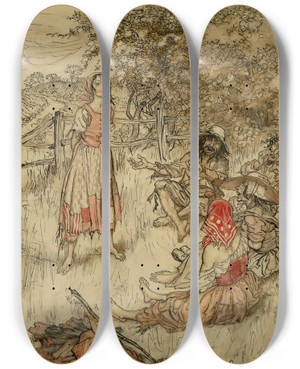 Triptych art skateboard deck of Arthur Rackham The Peasant Story Teller by Arthur Rackham (1867-1939)