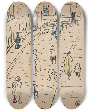 Triptych art skateboard deck of Raymond Mcintyre Street Scene With Figures by Raymond Mcintyre (1879-1933)