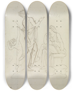 Triptych art skateboard deck of Moritz Von Schwind Hermes Apoll Und Maja by Moritz Von Schwind (1804-1871)