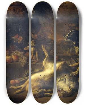 Triptych art skateboard deck of Jan Weenix A Monkey And A Dog With Dead Game And Fruit by Jan Weenix (1641-1719)