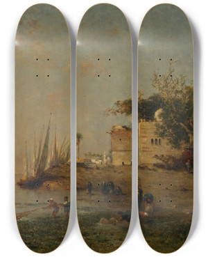 Triptych art skateboard deck of Narcisse Berchre Les Pcheurs Sur Le Nil by Narcisse Berchere (1819-1891)