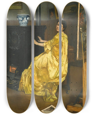 Triptych art skateboard deck of Alfred Stevens Dans Latelier Le Repos Du Modle by Alfred Stevens (1817-1875)