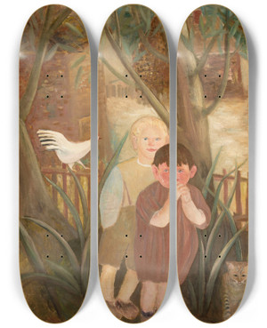 Triptych art skateboard deck of Tadeusz Makowski Two Children With A Cat by Tadeusz Makowski (1882-1932)