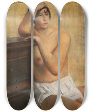 Triptych art skateboard deck of Willy Jaeckel Sitzender Weiblicher Akt by Willy Jaeckel (1888-1944)