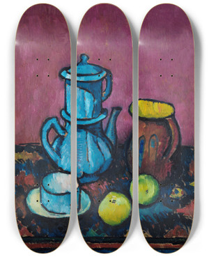 Triptych art skateboard deck of Alexander Kanoldt Stillleben Mit Kaffeegeschirr Und Pfeln by Alexander Kanoldt (1881-1939)
