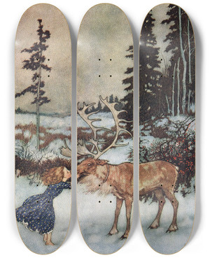 Triptych art skateboard deck of Edmund Dulac The Snow Queen Pl 6 by Edmund Dulac (1882-1953)