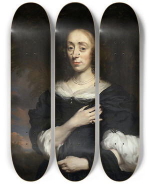 Triptych art skateboard deck of Nicolaes Maes Portrait Of A Woman Wearing A Black Dress by Nicolaes Maes (1634-1693)
