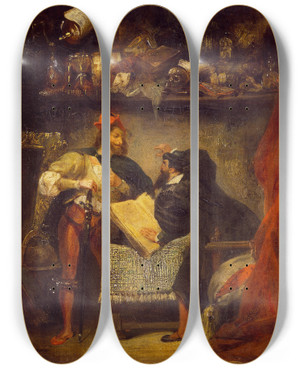 Triptych art skateboard deck of Eugne Delacroix Faust And Mephistopheles by Eugene Delacroix (1798-1863)