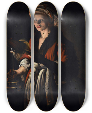 Triptych art skateboard deck of Adam De Coster A Young Woman Holding A Distaff Before A Lit Candle by Adam De Coster (1586-1643)