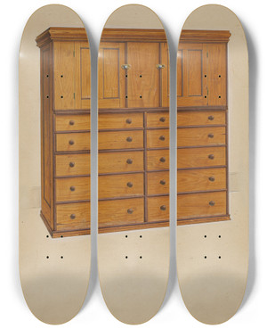Triptych art skateboard deck of Irving I Smith Shaker Cabinet by Irving I Smith