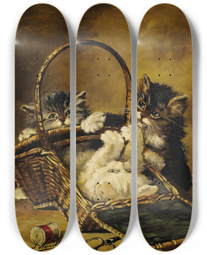 Triptych art skateboard deck of Arthuralfred Brunel De Neuville Three Kittens Playing In A Sewing Basket by Arthur-Alfred Brunel de Neuville (1852-1941)