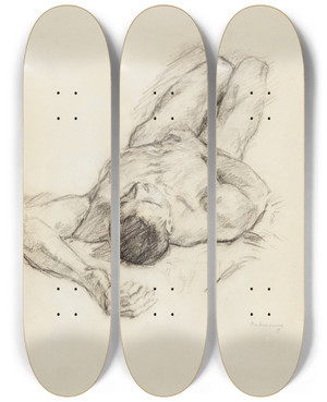 Triptych art skateboard deck of Max Beckmann Liegender Mnnlicher Akt by Max Beckmann (1884-1950)