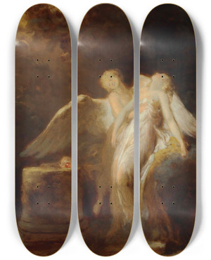 Triptych art skateboard deck of Jeanhonor Fragonard The Sacrifice Of The Rose by Jean-Honor Fragonard (1732-1806)