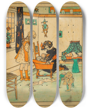 Triptych art skateboard deck of Nelly Spoor Twee Meisjes Doen Een Pop In Bad_1 by Nelly Spoor (1885-1950)