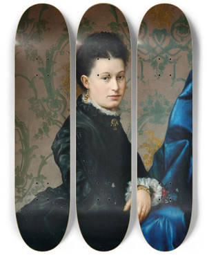 Triptych art skateboard deck of Vlaho Bukovac Portrait Of A Lady In A Black Dress With Gold Ear Pendants Before A Floral Wallpaper by Vlaho Bukovac (1855-1922)
