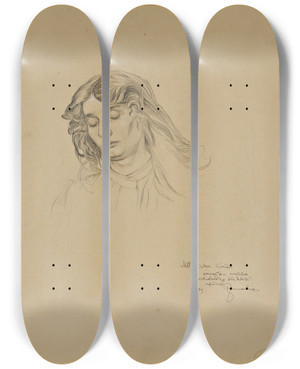 Triptych art skateboard deck of Alphonse Mucha Czech Young Woman by Alphonse Mucha (1860-1939)